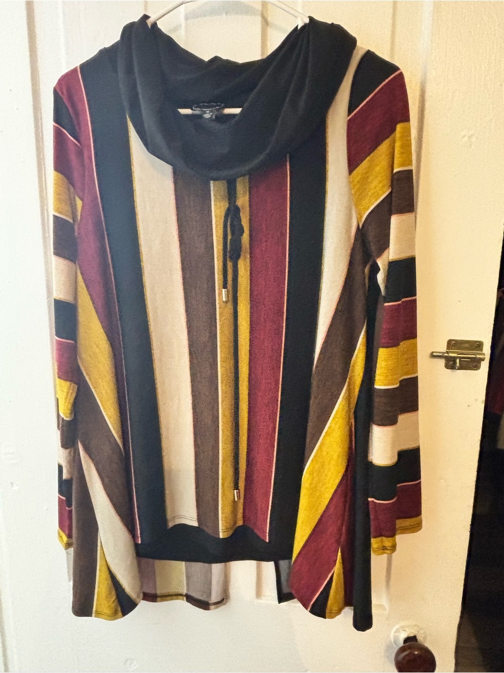 Coco Bianco Multi-Stripe Cowl Neck Pullover - Burgundy, Mustard, Black, Cream